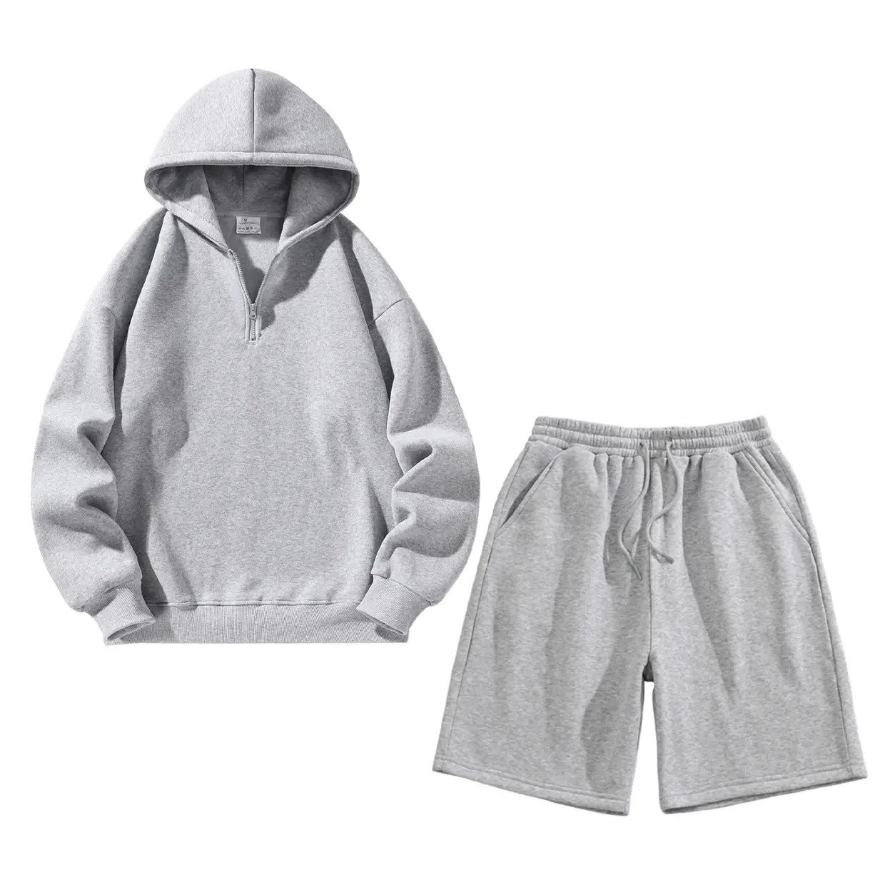 Men’s two-piece fashion set – half-zip polyester fleece hoodie and athletic wide-leg shorts (7/10 length), slim fit, adjustable drawstring elastic waistband, solid-color streetwear suitable for summer vibes, polyester apparel.