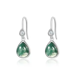 925 Sterling Silver Pear Drop Natural Moss Agate pierced earrings Anniversary Elegant
