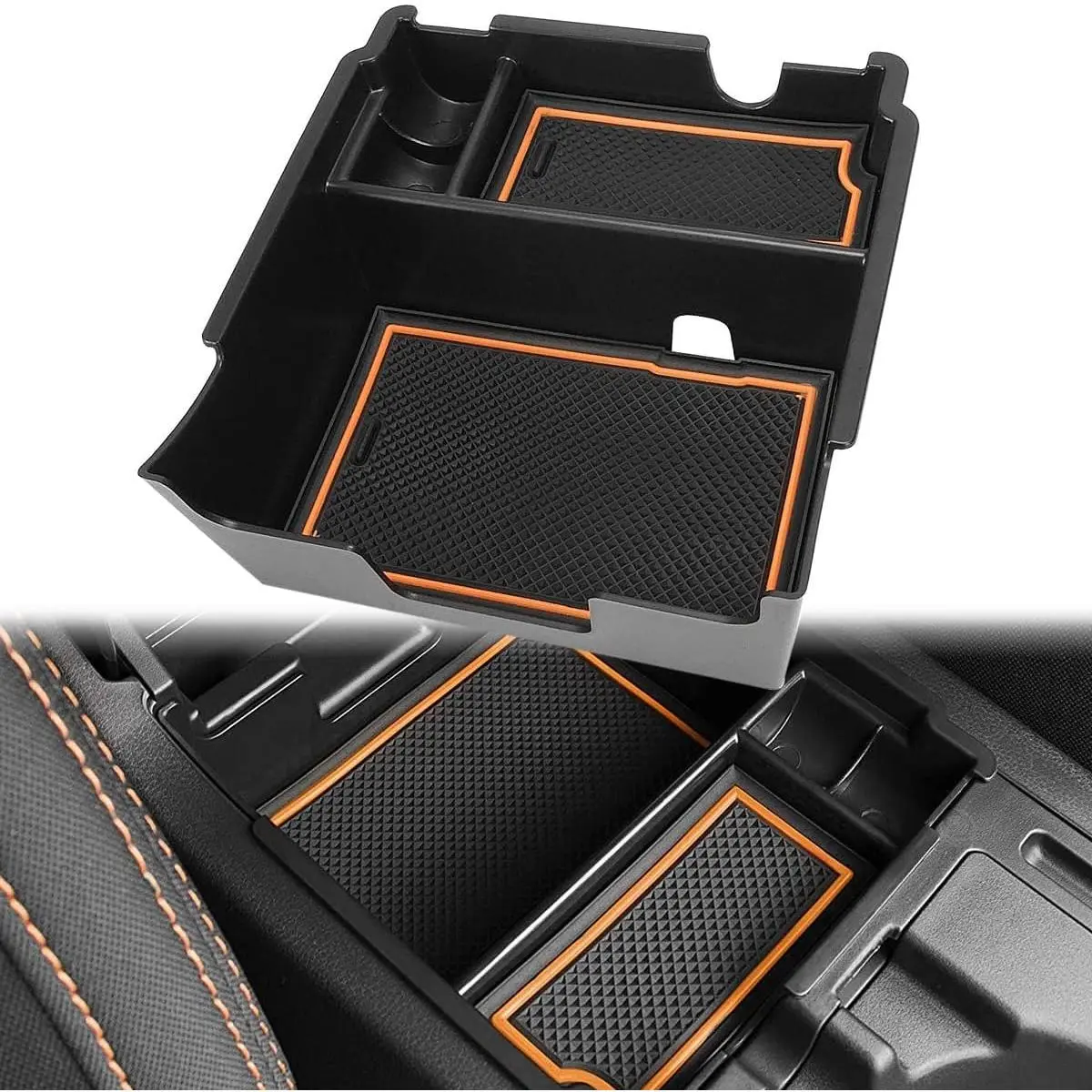 Center Console Organizer for Subaru Crosstrek & Impreza 2018-2023, ABS Plastic Car Interior Organization Accessory, Sturdy Good Quality Armrest Box Storage Tray with Non-Slip Mat, Easy Fit Slide Right Space-Saving Design & Orange Trim