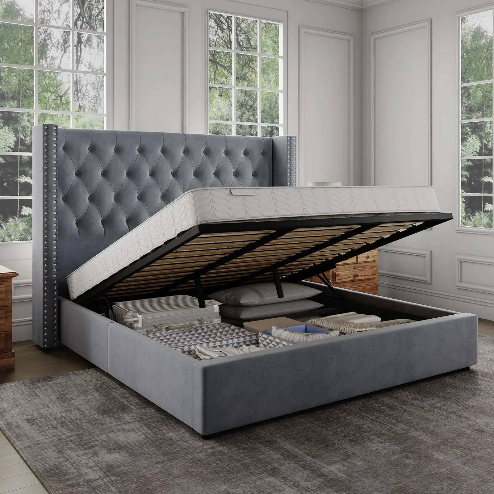 AMERLIFE Lift Up Storage Bed Upholstered Platform Bed Frame Button Tufted Wingback Headboard Hydraulic Lifting Storage Underneath/Wood Slats Support/E