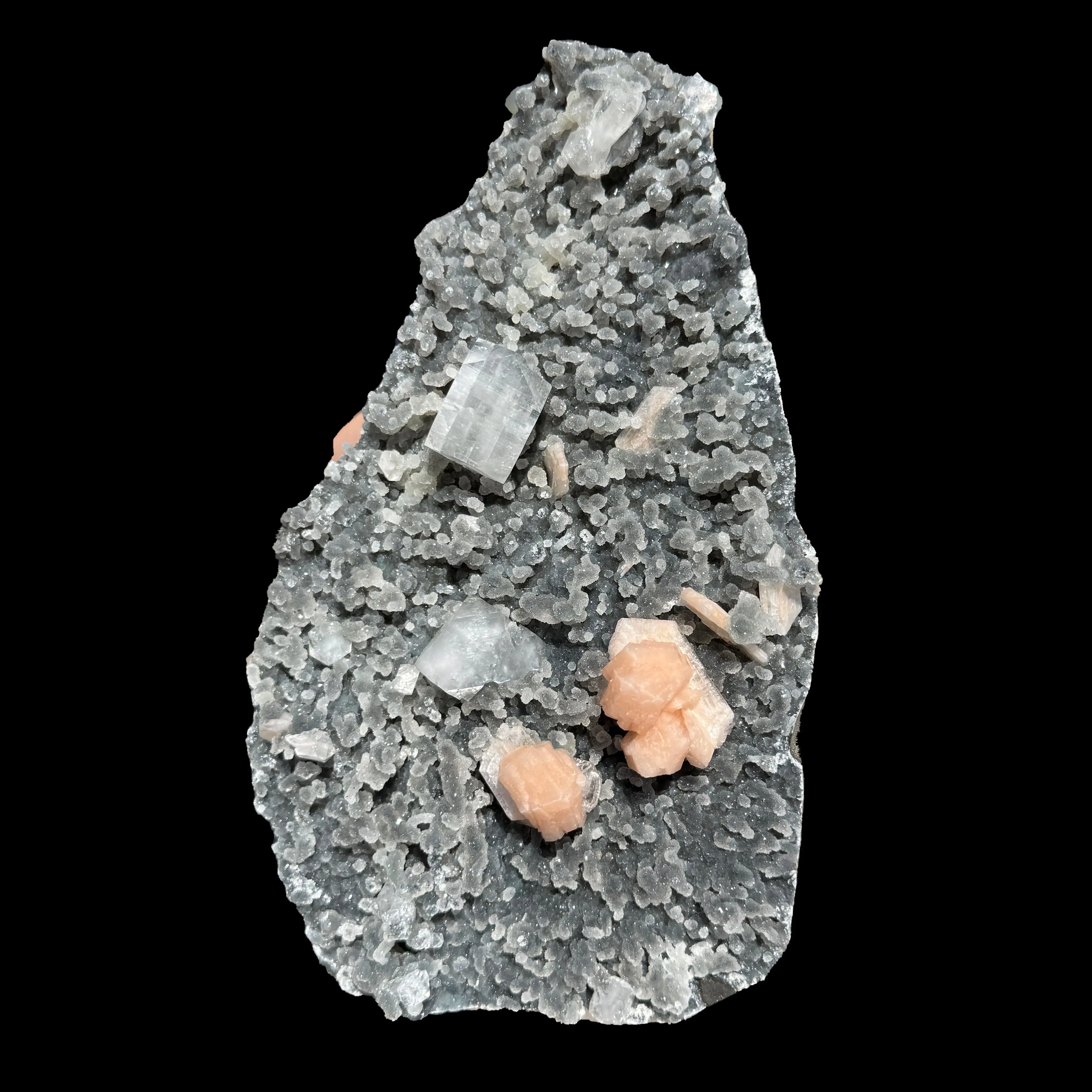 Sparkling Black Chalcedony Plate with Stilbite & Cubic Apophyllite – Rare Cabinet Mineral Specimen from Nashik # DKT124