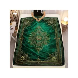 Luxurious Emerald Green & Golden Ornate Mandala Throw Blanket