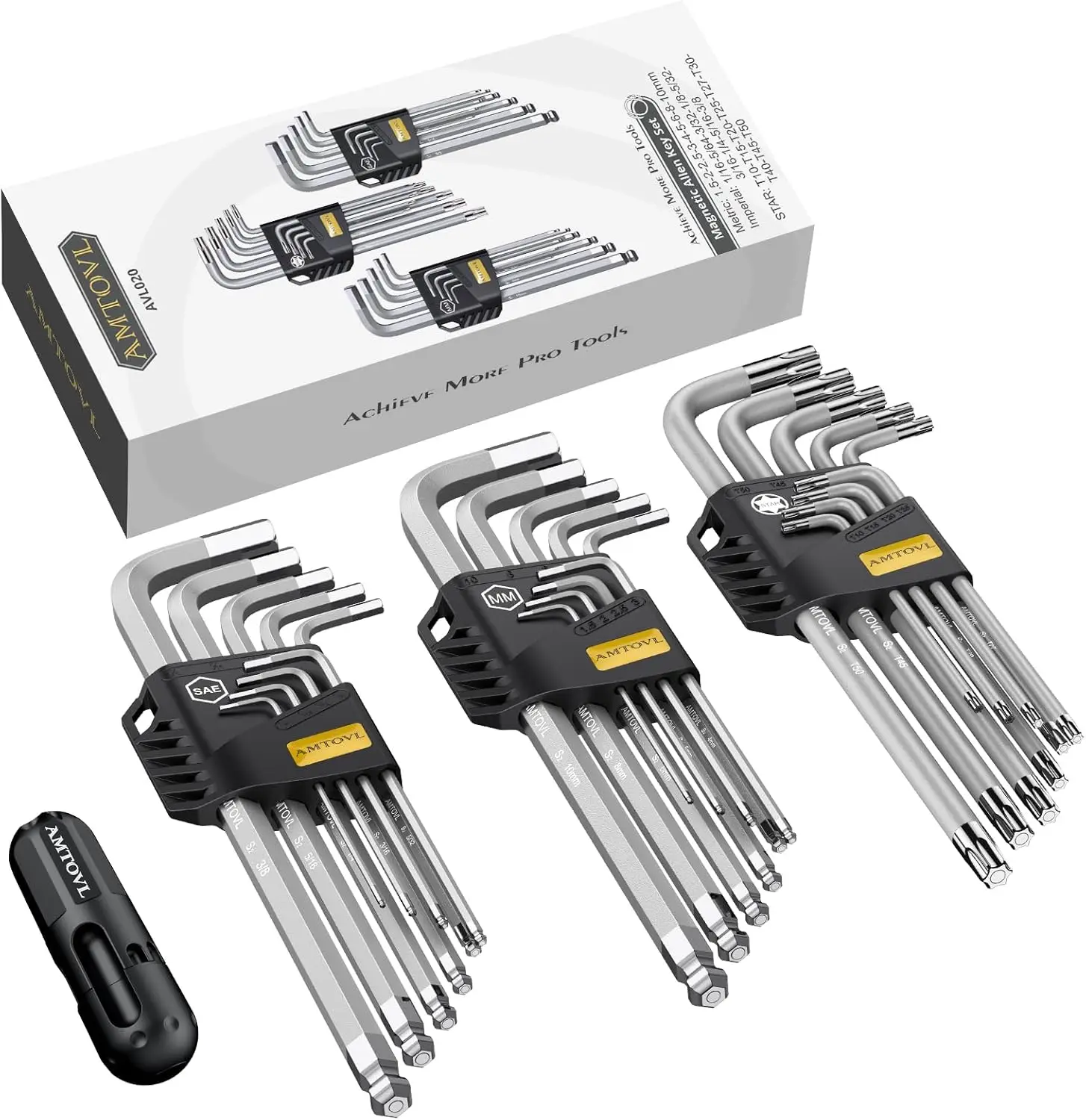 AMTOVL 27-Piece Magnetic Hex Key Set - S2 Steel SAE & Metric Allen Wrenches Set with Ball End Extra-Long T-Handle Design SAE 1/16"-3/8", Metric 1.5-10