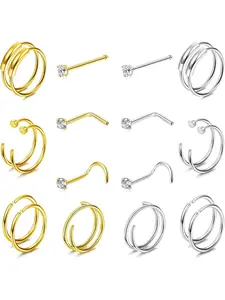 20Pcs 22G 20G Steel Nose Rings Set Hoop Nose Studs CZ Tragus Cartilage Earrings Gold Silver L Shaped Screw Nose Bone Double Nose Hoop Ring Body Piercing Jewelry 1.5mm 2mm 2.5mm CZ Spiral Nose Ring