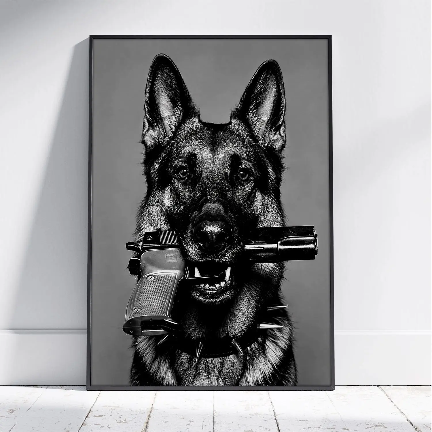 German Shepherd Gun UNFRAMED Poster - Badass K9 Wall Art, Black and White Police Dog Print, Hypebeast Guard Dog Decor, Man Cave Gift for Dog Lovers