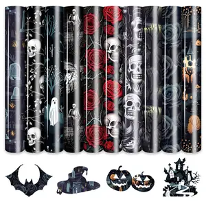 Halloween Skull Heat Transfer Vinyl Sheets, 10 Pieces, 12x9.8 Inches, Mixed Colors, Rose & Ghost Patterns, Easy Iron-On Transfers