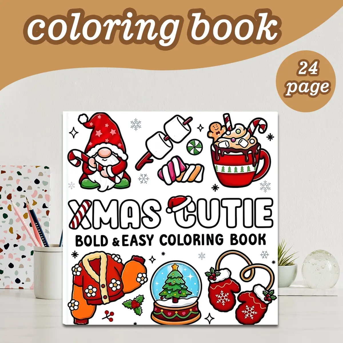 Christmas Holiday Theme Coloring Book, 24 Bold & Easy Stress-Relief Designs, 7.9in X 7.9in Perfect Size, Thick Paper, Ideal Gift for Adults Kids Teens
