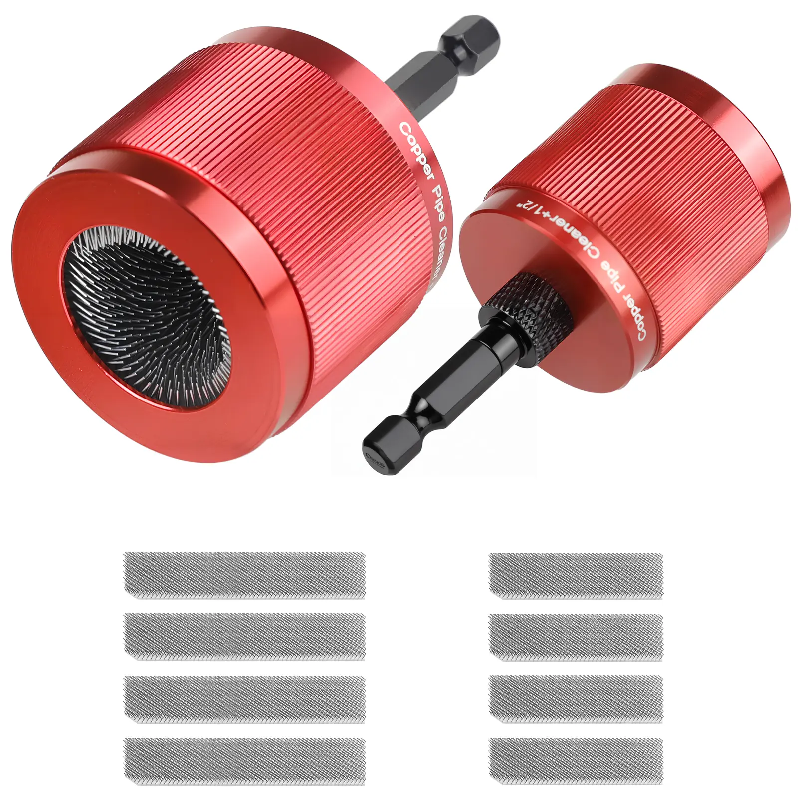 Set of 2 Metal Copper Pipe Brush Cleaning Tools (3/4 inch & 1/2 inch) with Removable 1/4" Hex Handle & 8 Extra Replaceable Blades, Home Tool Kit Set DIY Tools for Cleaning Rust, Stains and Paint on Copper Pipes