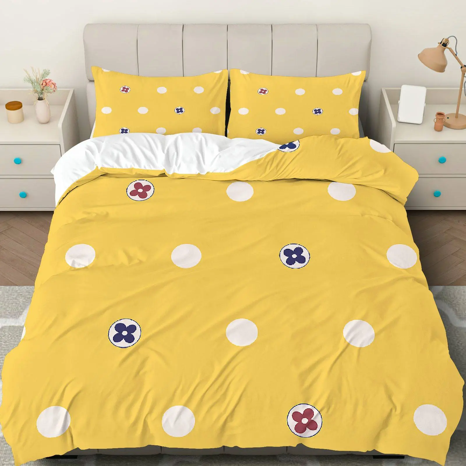 3PCS Duvet Cover Set, 1 Duvet+2 Pillowcases(Without filler), Yellow Polka Dot Floral Print Theme, Christmas Bedding Set, Bed Sets, Modern Home Decor Suitable for Bedroom Living Room Guest House Dorm Room.