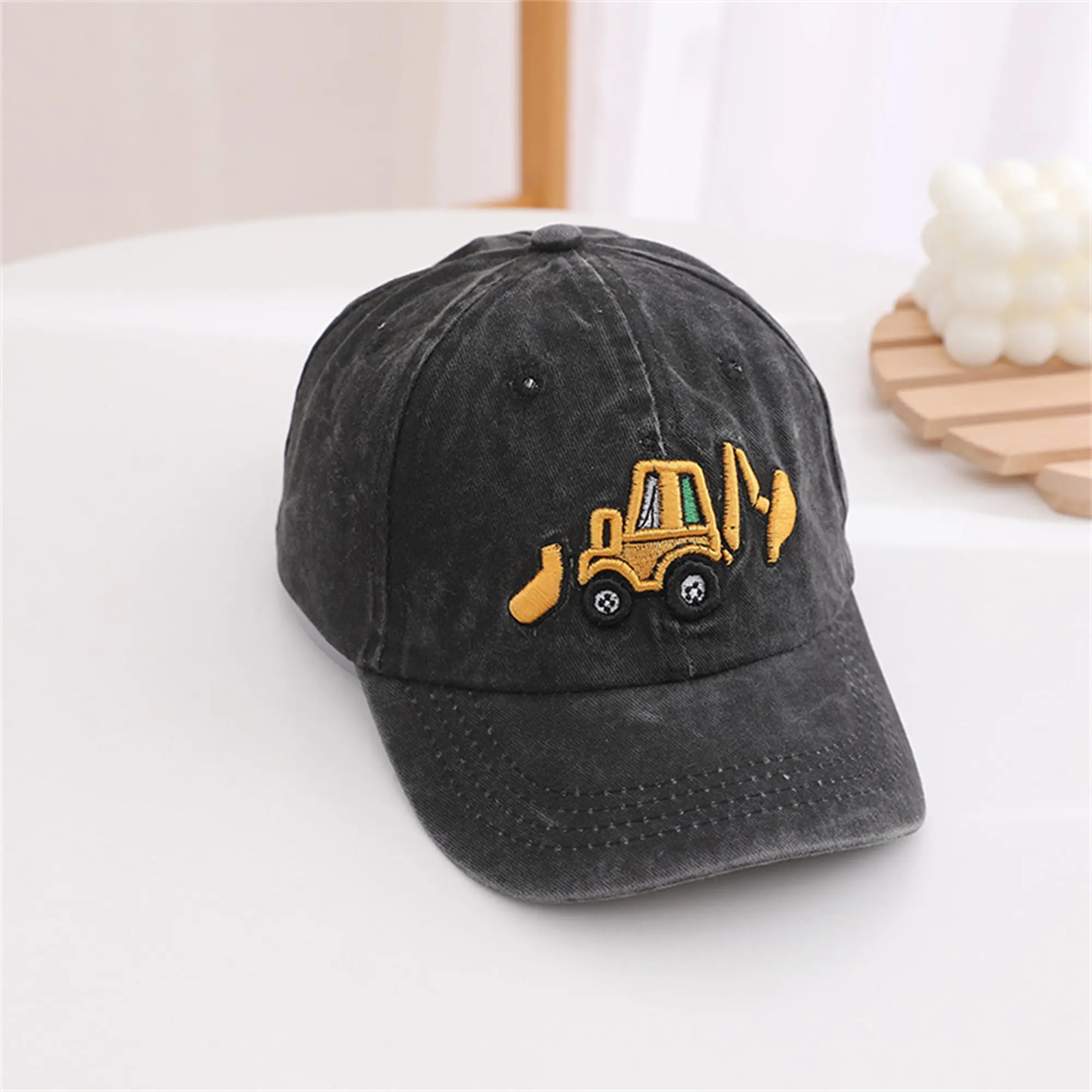 Toddler Cotton Snapback Hat - Adjustable Retro Washed Embroidered Caps for Boys & Girls with Excavator Design