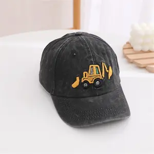 Toddler Washed Retro Excavator Embroidery Baseball Hat,  Adjustable Kids Baseball Hat for Baby Boy Girl Birthday Gift