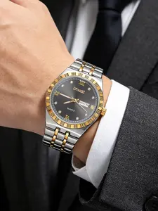 OFIMOBI Classic Roman Numeral Dial Men's Watch Two Tone Stainless Steel Band Quartz Wristwatch with Day Date