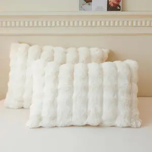 2 Pack Fluffy Faux   Pillow Cases, Luxury Soft Plush Shaggy Bubble Waffle Pillowcases  Size Zipper Closure, Furry Fuzzy  Long Pillow Shams Bedroom Living Room 20x36, Beige