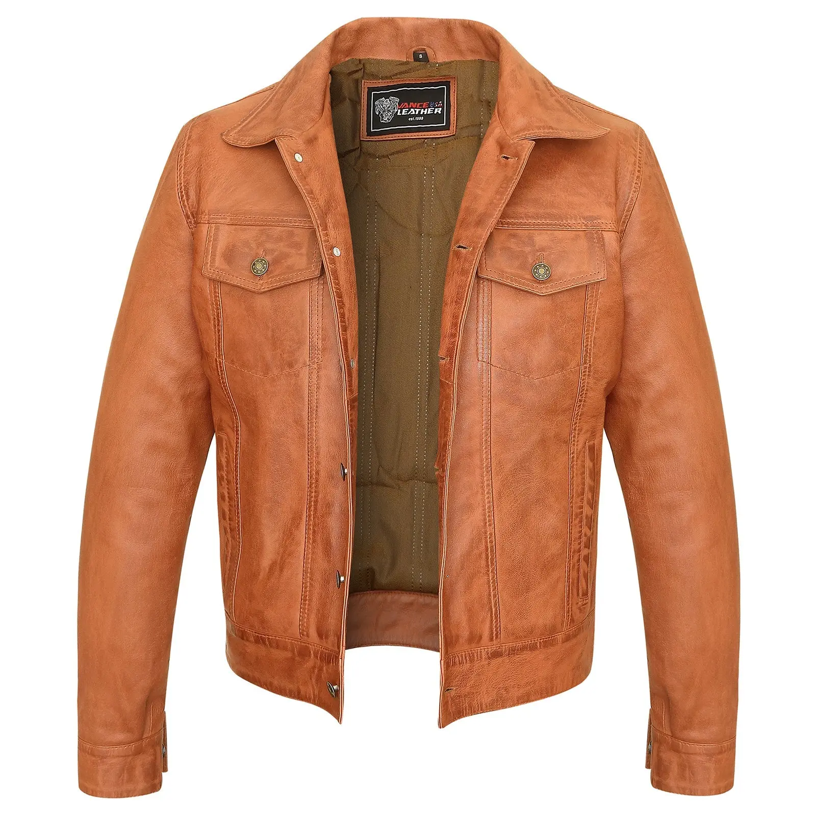 Mens Austin Brown Premium Classic Motorcycle Trucker Leather Jacket