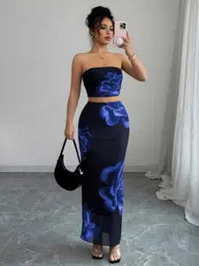 Women's Floral Half Skirt Set, Floral Mesh Print Sleeveless Tube Top and Pleated Skirt Set for Summer, Stylish and Comfortable Women's Cute Two Piece Sets, Matching Outfits