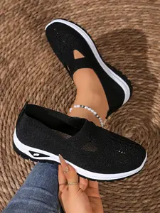 Women's Breathable Knit Low-Top Sneakers - White Round-Toe Lace-Up Casual Shoes with EVA Cushioned Rubber Sole for All-Season Comfort, Walking & Casual Attire, Modern Fabric Footwear, Ladies Sneakers