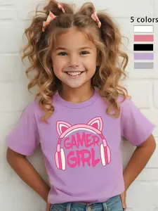 Girls' Gamer Girl Cat Ear T-Shirt, Funny Graphic Tee, Cool Text Print, Casual Clothing, Breathable and Skin-Friendly, Fashionable, Graphic Shirts