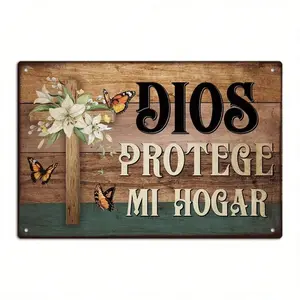 Spanish Vintage Metal Tin Sign Wall Art "Dios Protege Mi Hogar" – Rustic Wooden Texture with Butterfly Design, Farmhouse Living Room & Church Decor, Spiritual Home Decoration, No Electricity Needed, 1pc Spanish Home Decor
