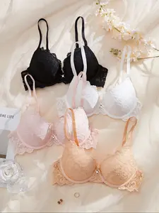 Women's Sexy Chic Lace Contrast Design Everyday Bralette Bra Set, Comfortable Elegant Fit Push-Up Underwear, Regular Underwire Support, 4 Pack, Lingerie