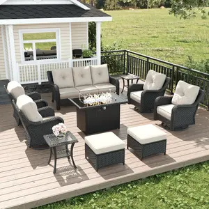 LayinSun 10-Piece Wicker Outdoor Furniture Set with 6-inch Comfy Cushions, High Back Patio Furniture Set with Swivel Rocking Chairs and Fire Pit Table