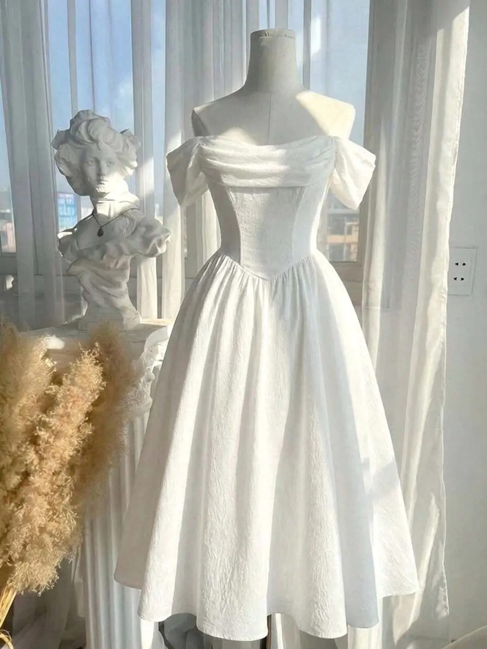 🤍 Plus Size White Off Shoulder Midi Dress, Pleated Milkmaid Dress For Weddings, Parties, Birthdays And Summer Events.