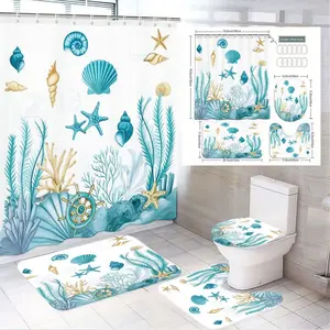 1/4pcs Coastal Comfort Shower Curtain and Bath Mat Set - Nautical Seashells, Starfish, and Coral Design in Soft Teal and Gold for Beach-Themed Bathroom Décor - Complete with Toilet Lid Cover and Shower Hooks for Summer Oasis Vibes Shower Curtain Sets