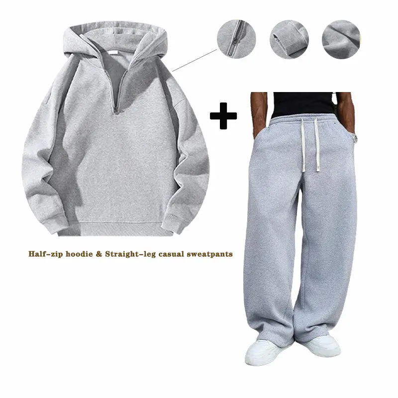 Men’s solid-color minimalist gray two-piece athletic set featuring a half-zip hooded long-sleeve sweatshirt and wide-leg sports pants; comfortable, versatile, and stylish—ideal for everyday wear in spring, autumn, and winter; casual men’s sportswear.