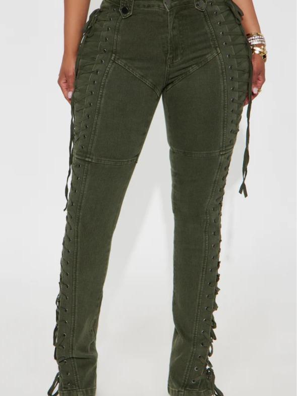 Women’s Lace-Up Flare Pants – High Waist Vintage Stretchy Bell Bottom Jeans