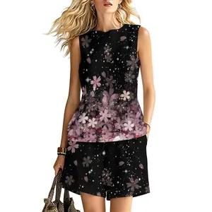 Womens Black Cherry Blossom Glitter Print Sleeveless Top And Shorts Two Piece Outfit Set With Pockets For Romantic Date Night Wear