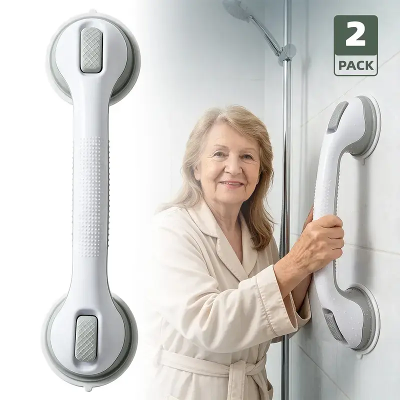 2pcs No-Drill Suction Grab Bars for Bathroom, Heavy-Duty Anti-Slip Safety Handles for Shower, Tub & Toilet, Adjustable Vacuum Suction Support Rail for Seniors & Adults, Includes 2 Bonus Adhesive Utility Hooks
