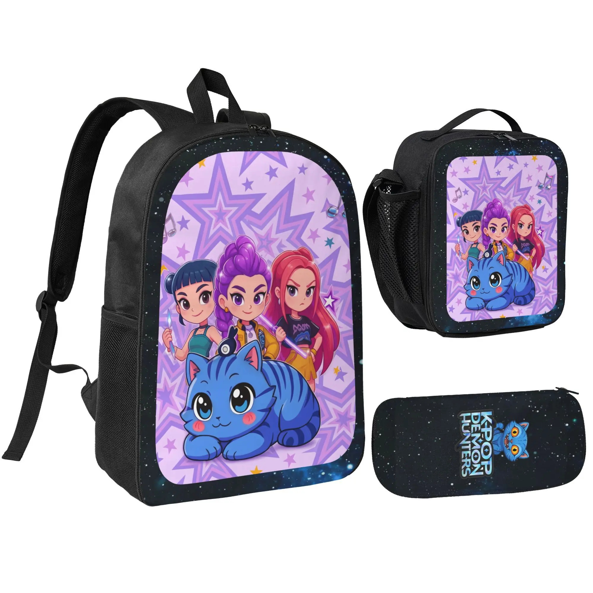 Kpop Demon Hunters-Inspired 3PCS Back to School Set, Cute Cat Cartoon Backpack with Lunch Bag & Pencil Case, Large-Capacity Laptop Holder for Teens, Functional Aesthetic School Supplies Gift