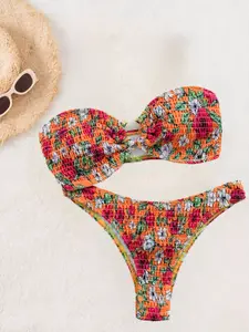 Women's Orange Floral Print Bandeau Smocked Bikini Set, 2 Piece High Cut Swimsuit for Beach Vacation