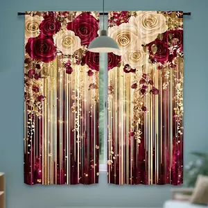 2-Piece set, crimson and gold rose floral pattern curtains, Window Curtain, sparkling background, modern style, rod bag design, translucent, suitable for living room bedroom home decoration, holiday and art decoration, Christmas theme decoration