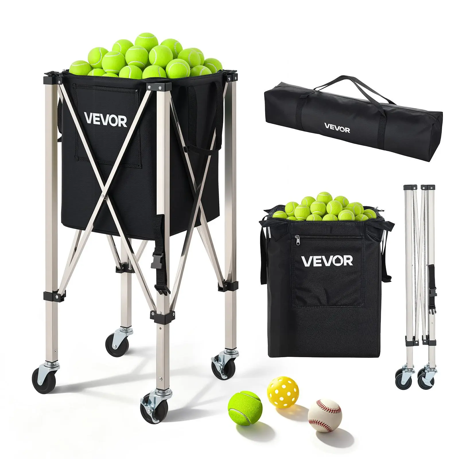【SummerFinds】VEVOR Tennis Ball Hopper, Holds 200 Tennis Balls, Foldable Pickleball Basket Cart with Wheels for Easy Pick Up, Stainless Steel Portable Pickleball Cart Caddy with Storage Bag, for Training Teaching