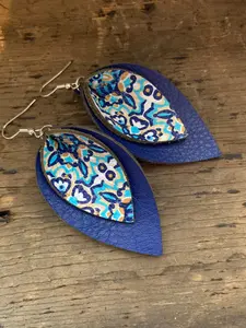Blue and Teal Mosaic Double Layer Leather Earrings
