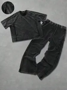 2pcs/Set, Menswear, Men's Street Style Minimalist Cotton Breathable Soft Short Sleeve T-Shirt And Wide Leg Pants, Featuring Distressed Snowflake Fabric, Relaxed Casual Streetwear Outfit, Suitable For Daily, Leisure, Great As Holiday Gift
