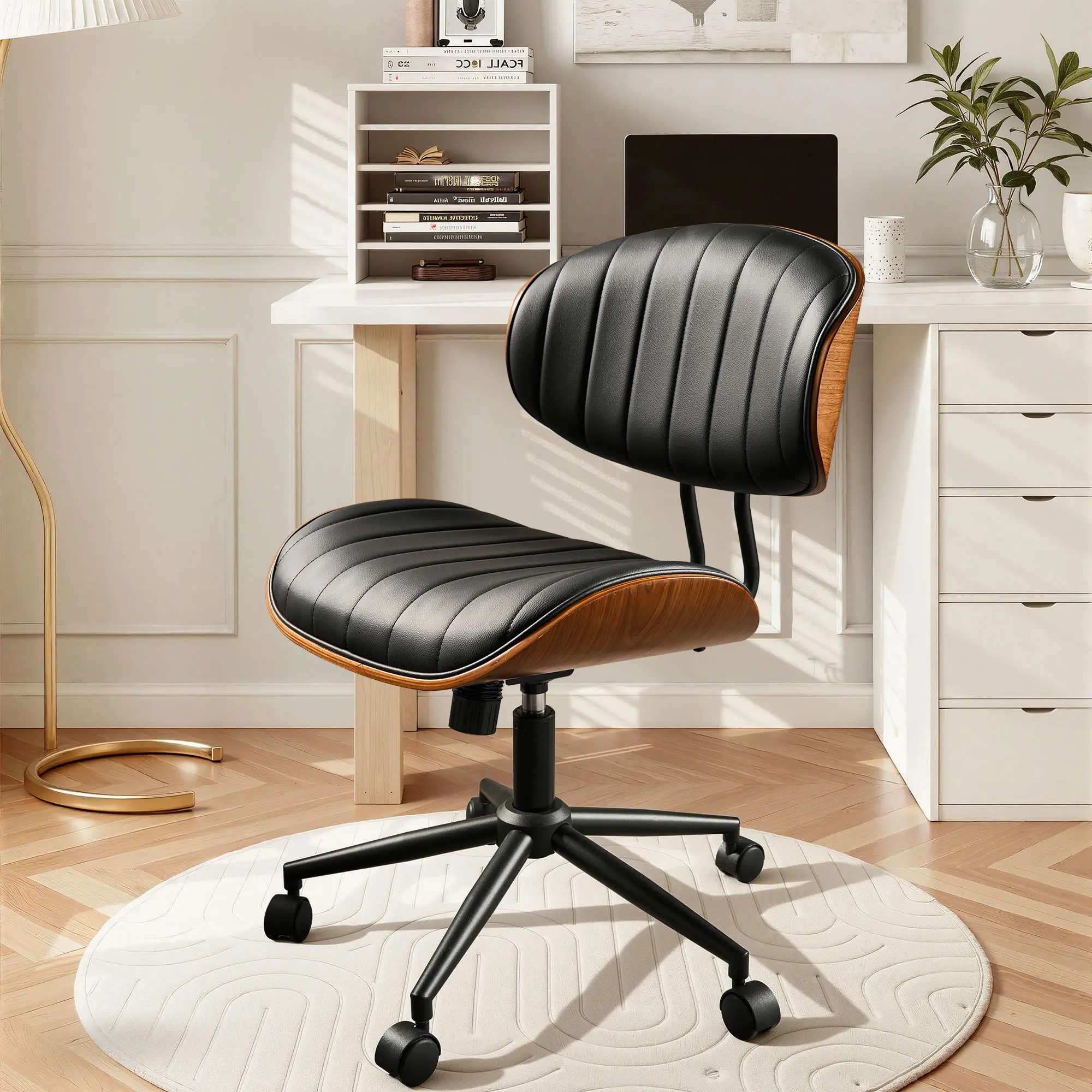 OOSWIFT Adjustable Height Make Up Desk Chair, Home Office Chair No Arms with Wheels,PU Leather Mid Back 360° Swivel Computer Chair, For Reading Meeting Room, Armless Modern Walnut Chair for Office