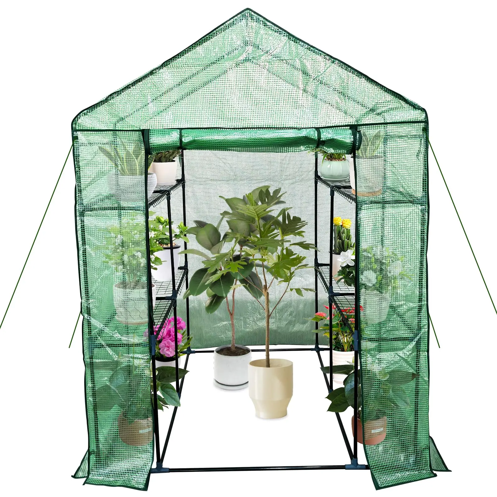 Garvee Heavy Duty Portable Walk-in Greenhouse for Outdoors, 3-Tier 12" Wide Shelves, Waterproof with Roll-Up Zippered Door, Ground Pegs & Ropes for Garden Patio, 57x57x76in, Heavy Duty Greenhouse