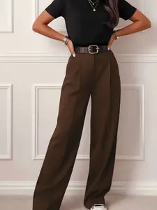 Women's 4 Color Options Solid Wide Leg Loose Fit Pants, Fashionable Casual Everyday All-Season Business Commute Long Pants with Waist Ring Pockets, Bottom