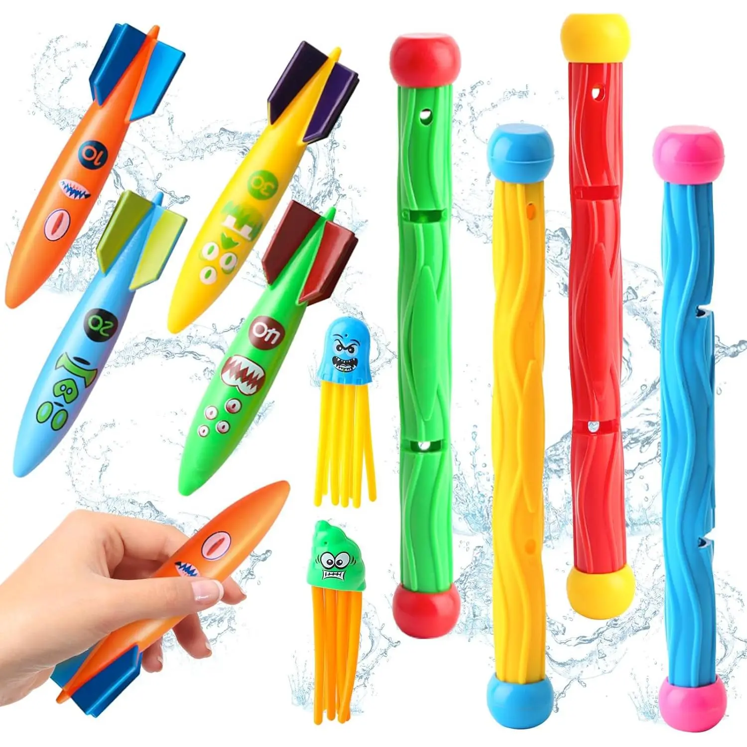 X-TBT103 Dive Rings Pool Toys Adults, 10 Pcs Diving Pool Toy for Kids Ages 4-8, Shark Torpedo Dive Set, Octopus Toddler Water Fun Toys, Summer Essentials Underwater Swimming Throwing Gifts for Boys & Girls