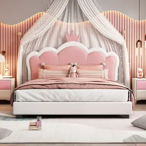 Girls Full Princess Bed w Crown Headboard, Upholstered Platform Bed with Strong Slats for Bedroom,  Cream Pink