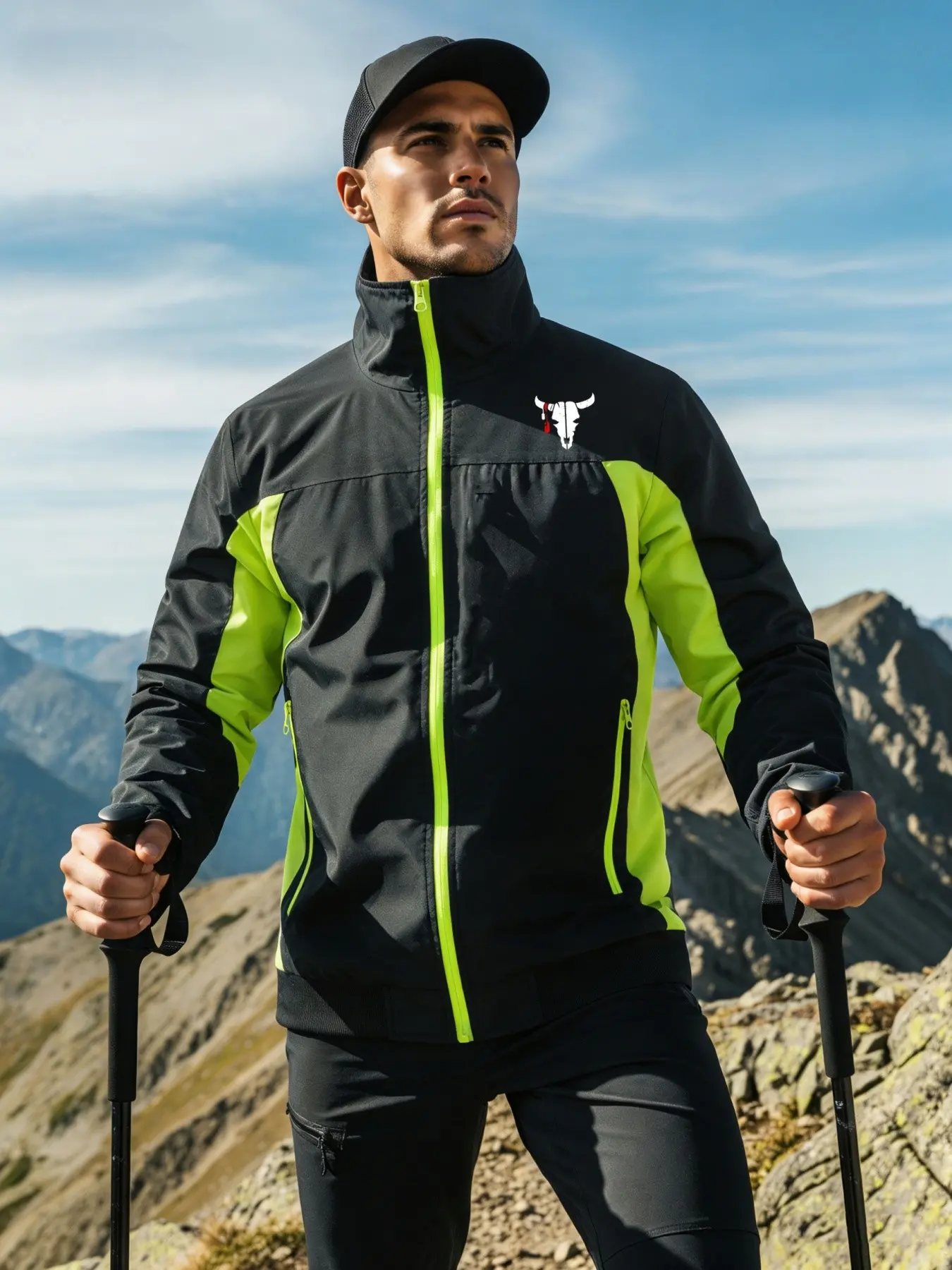Men's All-Season Running Jacket, Lightweight Windproof Sports Outerwear, Full Zip Design, Sporty Fitted Style, Patchwork Pattern