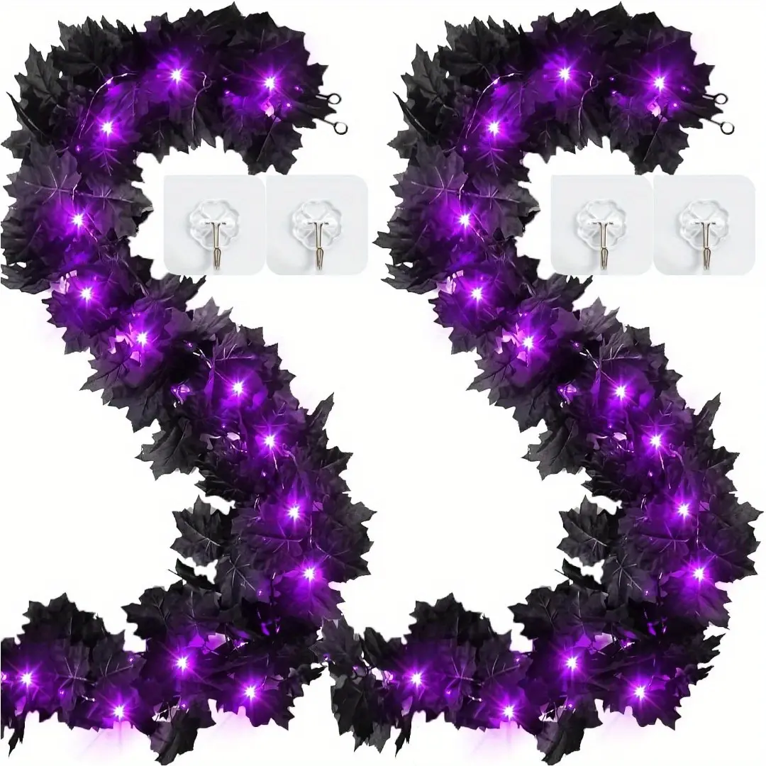 2pcs Black Plastic Leaf Vines - 68.9in Long Halloween Garland with 20 Purple LED Lights, 2 Hooks, Artificial Maple Leaves for Home Mantle Stairs Indoor Lighted Party Hanging Wall Door Decor