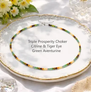 Genuine Triple Prosperity Choker Citrine Tiger Eye Green Aventurine Crystal Necklace Jewelry Gift