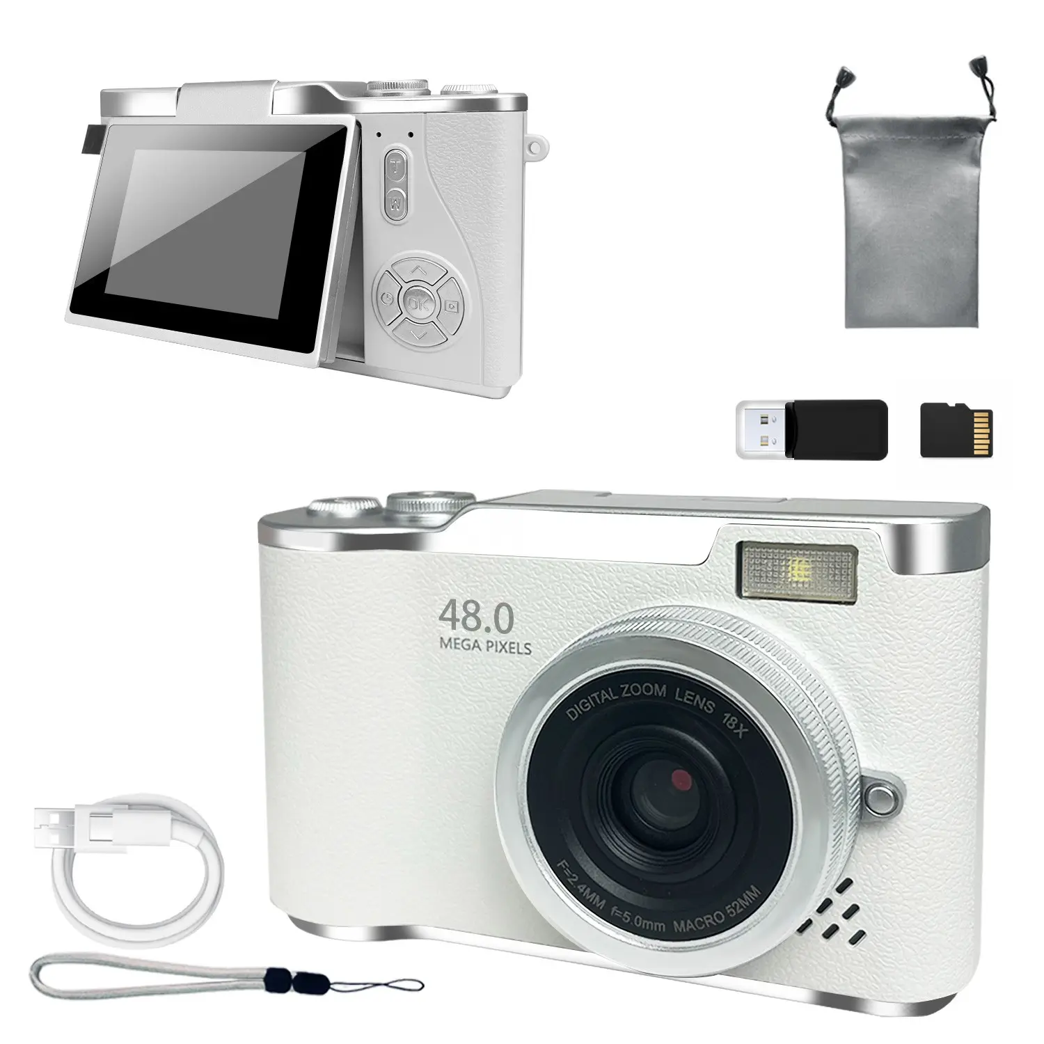 Foldable Screen Student Camera, Retro CCD Card Machine, Entry-level Digital Camera, Point and Shoot Camera, 1080P High Definition Camera with Storage Bag & Memory Card