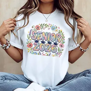 Floral Senior 2026 Graduation Design T Shirt White Casual Loose Fit Tee For Everyday Wear And Sports Activities