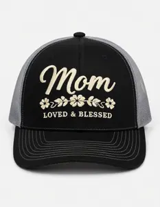 Richardson 112 Mom Floral Trucker Hat – ''Mom/Loved & Blessed” Embroidered Baseball Cap, Adjustable Mesh Back Snapback, Mother’s Day Gift Hat for Moms & Parents