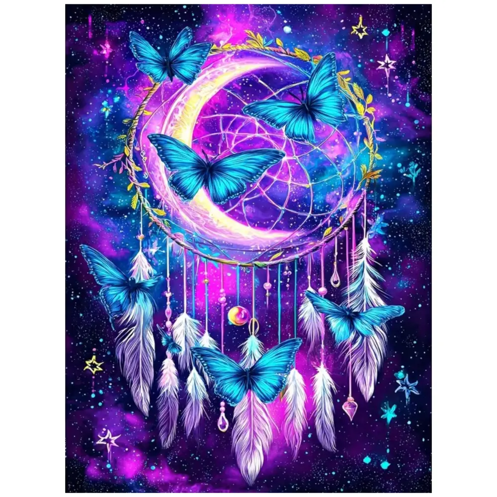 Multiple sizes available including square and round diamonds. This 5D DIY diamond painting set diamond art embroidery kit handmade furniture decor holiday birthday art personalized gift. Galaxy dreamcatcher with blue butterflies wall art