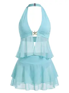 Turquoise 1950s Chiffon Starfish Halter Ruffled Tankini Setsummer outfits beach essentials vacation outfits