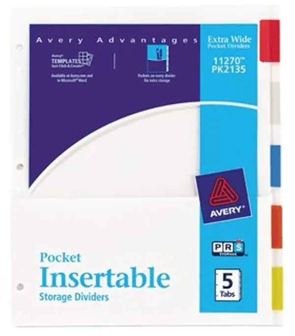 Avery WorkSaver Insertable Pocket Dividers, 5-Tab, 9x11 in White, 50% Larger Tabs, Copper-Reinforced Holes, Secure Indent Point, Tear-Resistant Office Binder Accessory